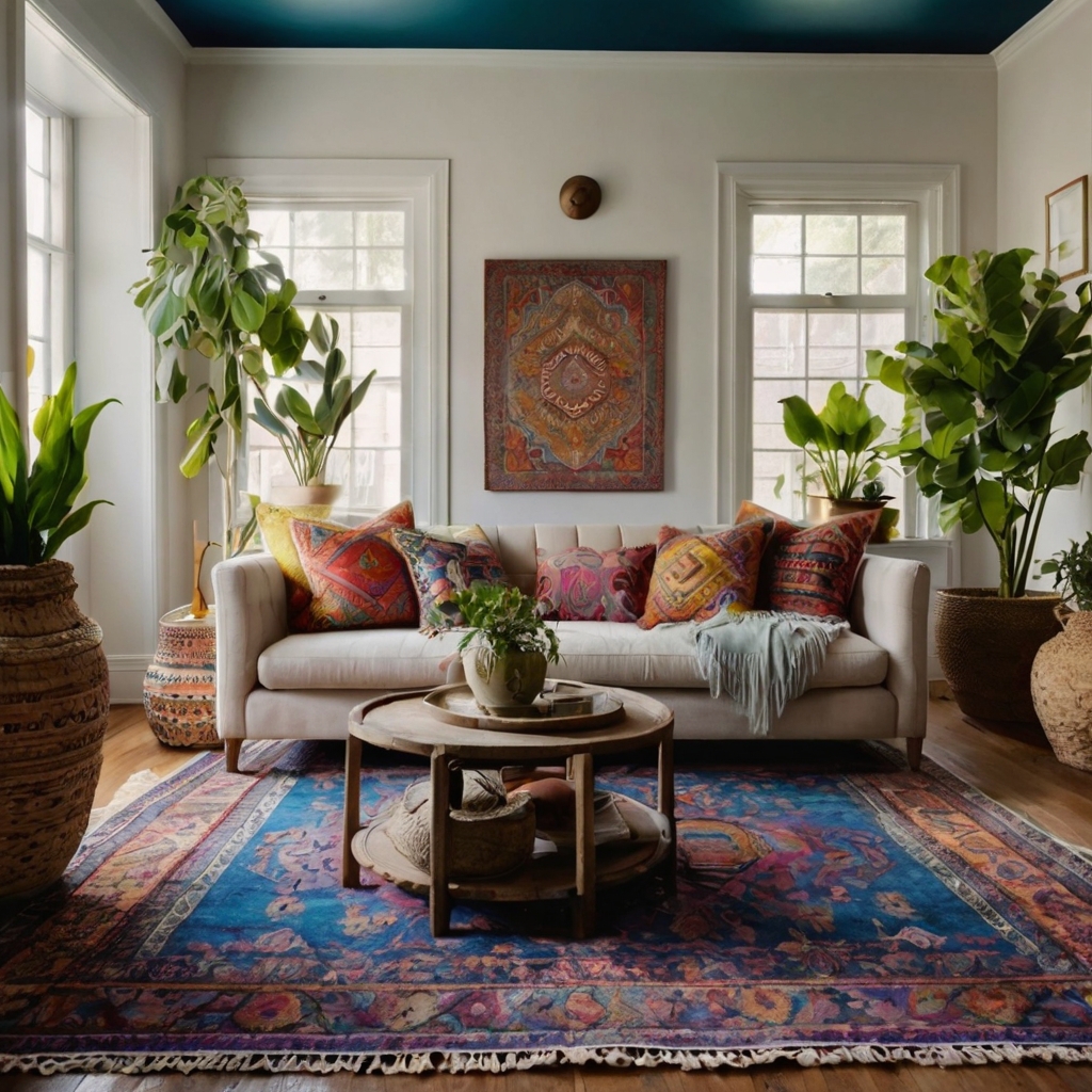 Bohemian chic rug with vibrant patterns and textures, bringing warmth and personality to any room with eclectic décor.