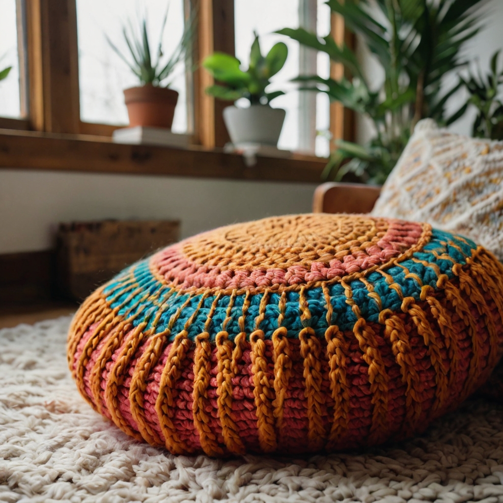 Create a vibrant, boho-inspired crochet floor pillow that adds energy and texture to any room. Perfect for a fun and laid-back decor style.