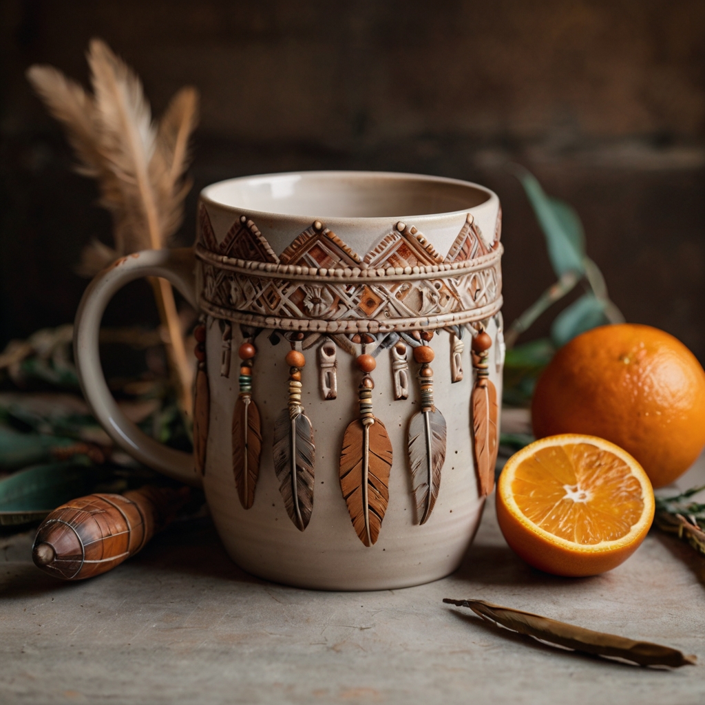 Bohemian-inspired ceramic mug with dreamcatchers and earthy colors, soft matte finish, and natural light highlighting the designs.