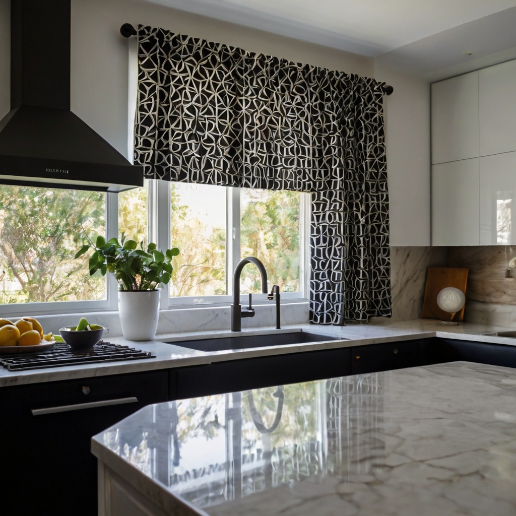 Make a statement with bold geometric print curtains above your sink. The sharp lines of black and white triangles add a striking contrast.