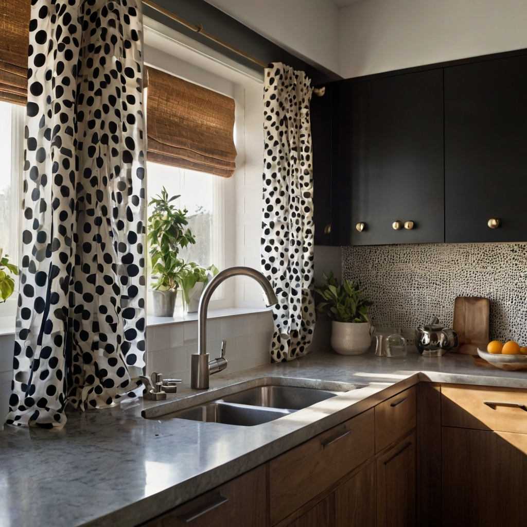 Add a fun touch to your kitchen with bold polka dot curtains. Black and white dots create a playful contrast against neutral surroundings.