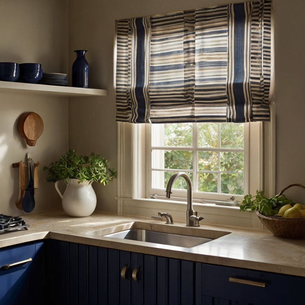 Add a modern touch with bold striped curtains above your sink. Dynamic geometric patterns in navy, beige, and white enhance your kitchen’s style.