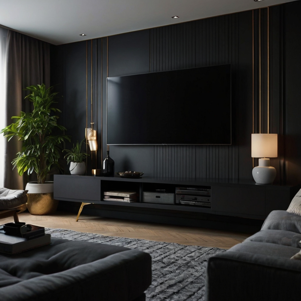 A bold black TV unit that stands out in any modern living room. The dark finish adds a sleek, sophisticated touch to the space, making it a focal point.