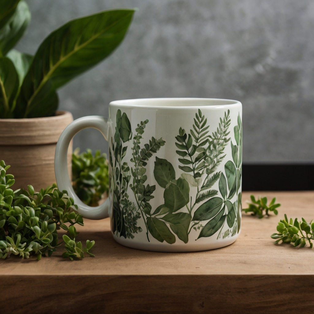 Delicate ceramic mug featuring botanical prints, with lush green leaves and branches against a matte finish and soft natural light.