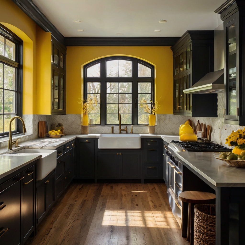 Bright yellow walls with charcoal trims bring energy and balance to any room. This pairing is perfect for dynamic kitchens or creative spaces needing definition.