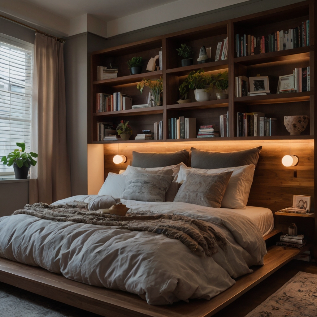 Built-in bookshelves framing the bed or occupying corners, creating a cozy library space within the master bedroom.