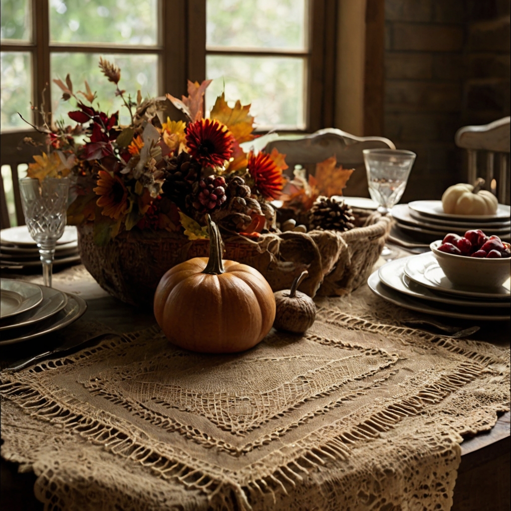 A burlap table runner paired with lace overlays brings rustic sophistication. Acorns and pinecones scattered along the runner enhance the seasonal vibe.