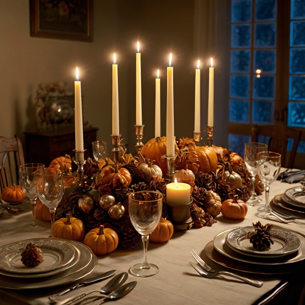 Taper and votive candles in varying heights create a cozy, intimate atmosphere. Warm amber or burgundy hues add a seasonal glow to the table.