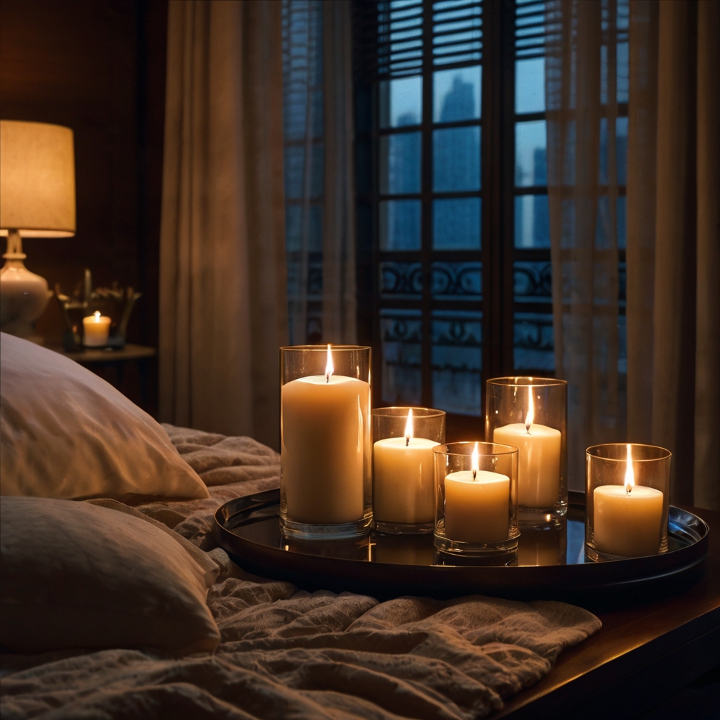 Softly flickering candles placed around the hotel room, casting warm, intimate lighting to enhance the romantic mood.