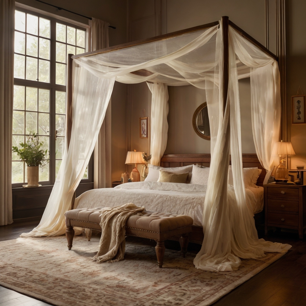 Dreamy canopy bed with flowing curtains and soft lighting, creating an intimate and romantic atmosphere.