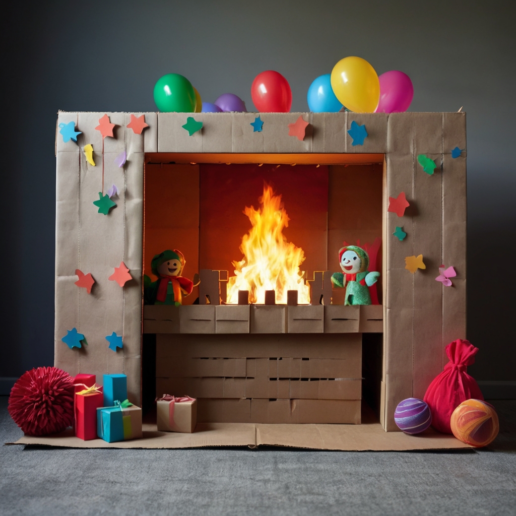 Creative cardboard fireplace turned into a puppet theater with a curtain and stage props. Perfect for kids' entertainment.