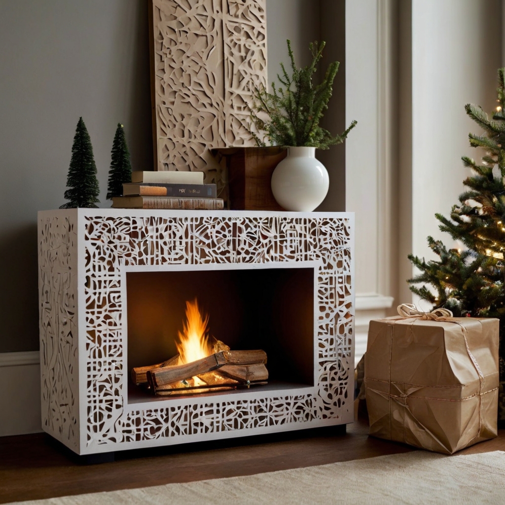 Functional cardboard fireplace with a concealed compartment for gifts or seasonal items. Practical and stylish design.