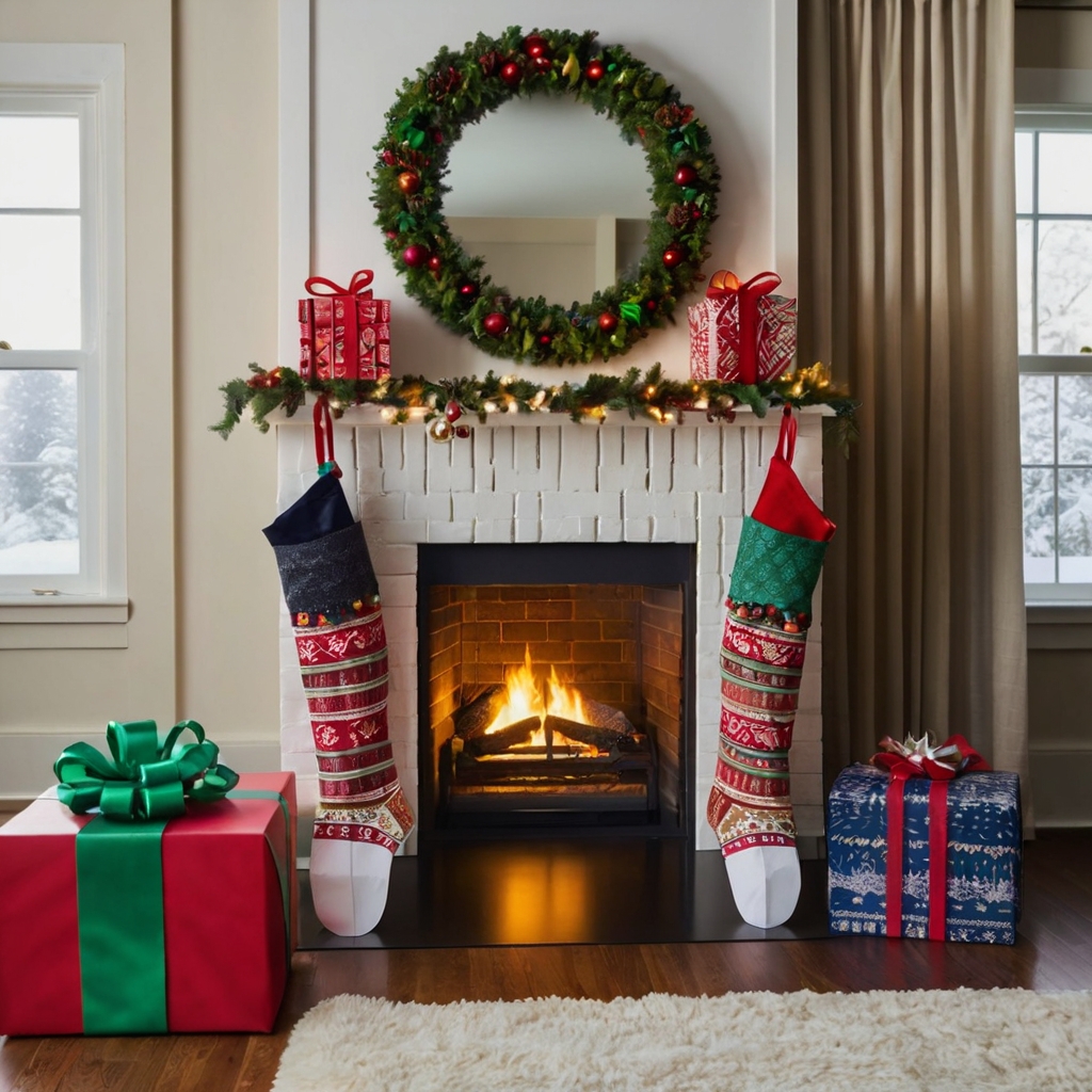 Functional cardboard fireplace featuring built-in hooks to hang festive stockings. Decorated in matching holiday colors.