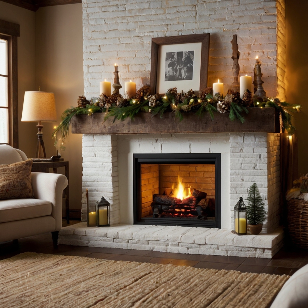 Rustic cardboard fireplace with a faux wooden mantle and charming holiday accents. Ideal for cozy seasonal corners.