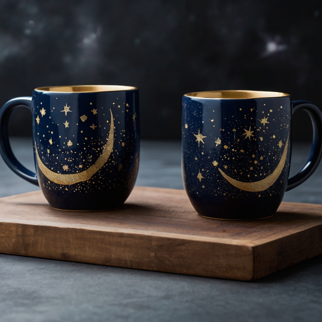 Celestial-themed ceramic mug with metallic constellations and stars, softly illuminated to highlight the dreamy night-sky effect.