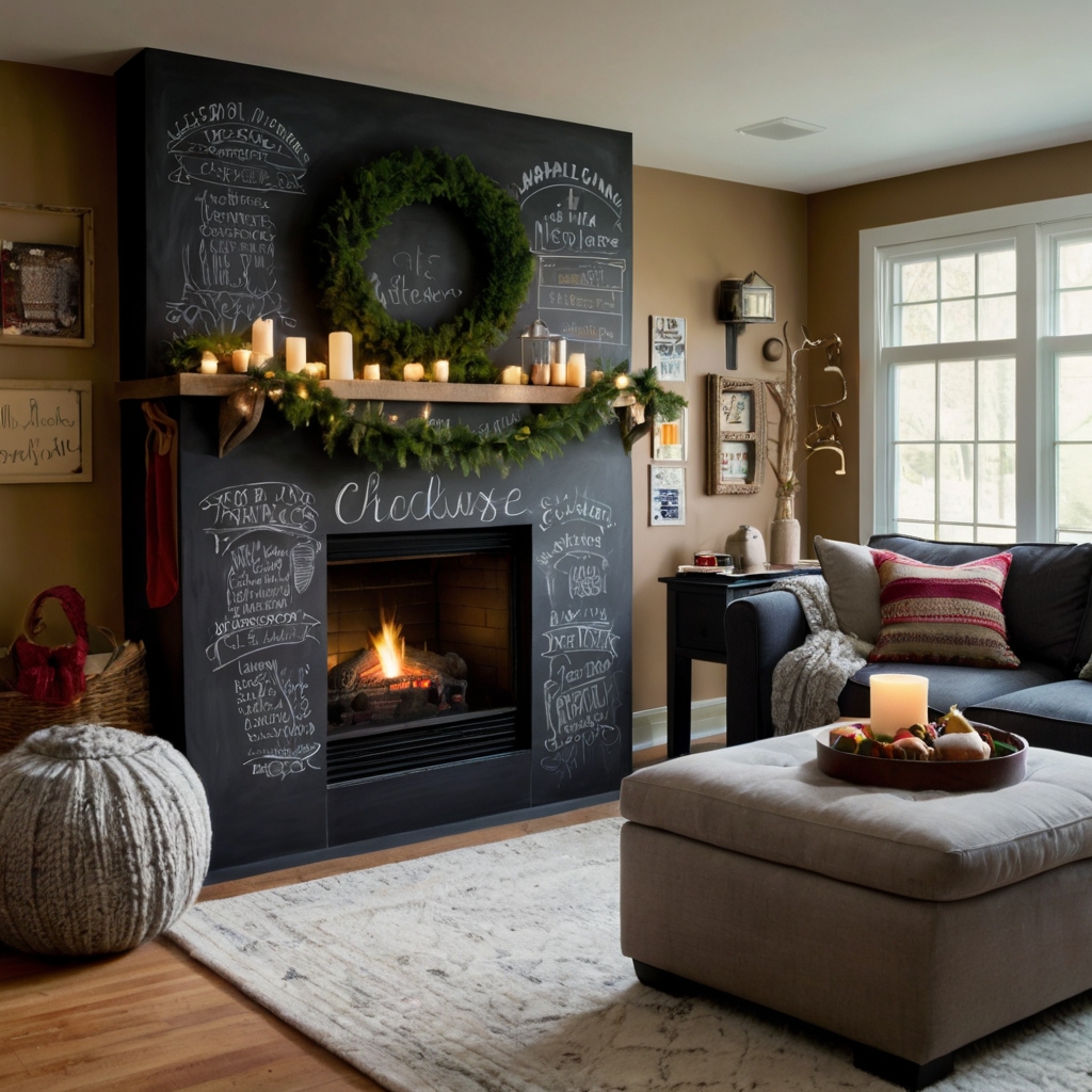 Interactive cardboard fireplace with a chalkboard finish for holiday messages and creative drawings. Perfect for family gatherings.