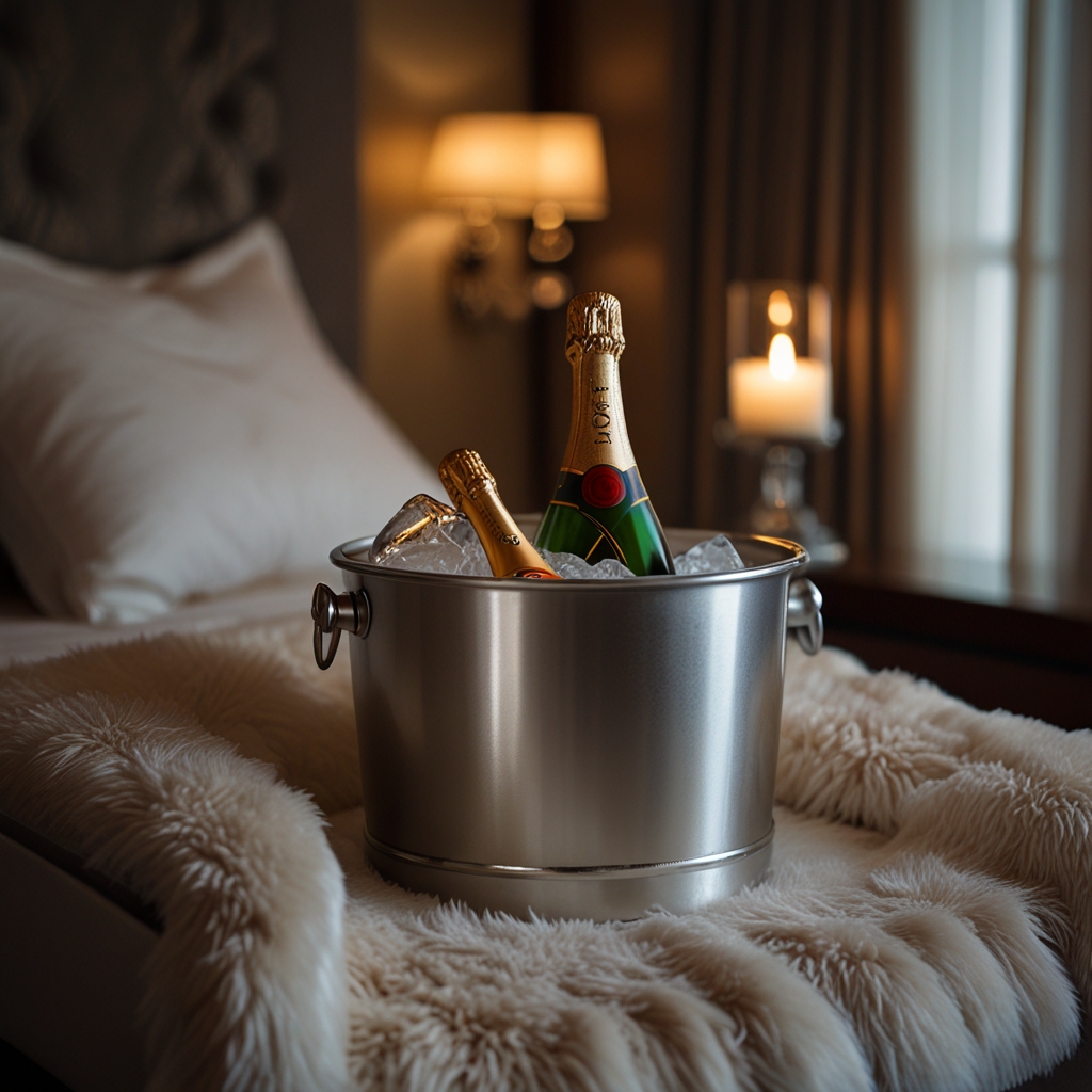 A bottle of champagne on ice with two glasses set beside it, ready for a celebratory and romantic moment.