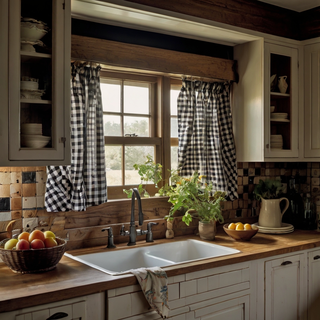 Introduce a playful touch with checkered patterned curtains. The bold black and white squares add character and warmth to your rustic kitchen.