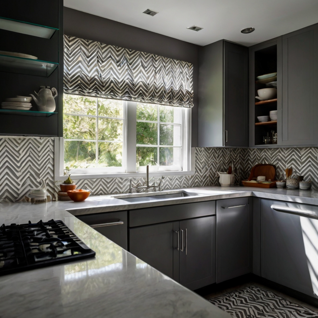 Make a dynamic statement with chevron pattern curtains. Bold zigzag lines in gray and white add energy to your modern kitchen.