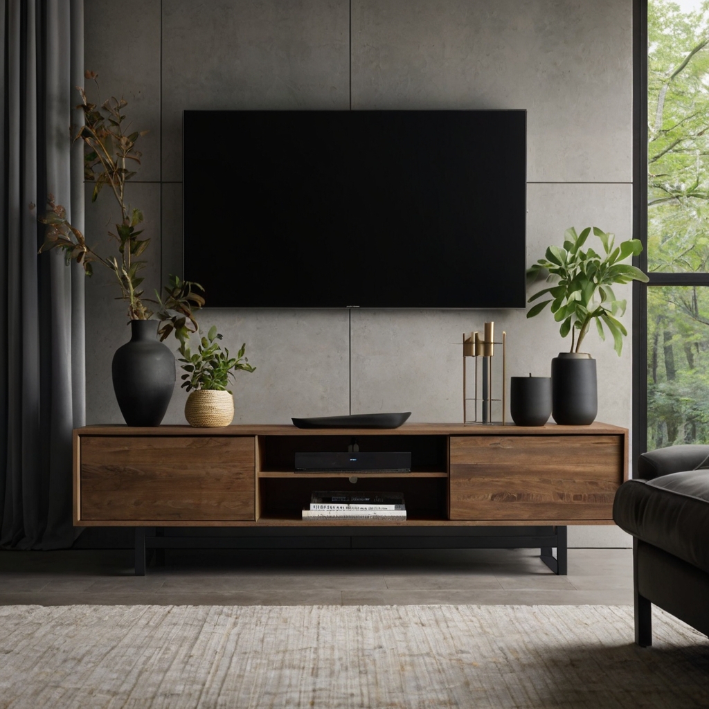 Stylish TV stand with sleek lines and hidden storage, perfect for organizing electronics while enhancing living room décor.