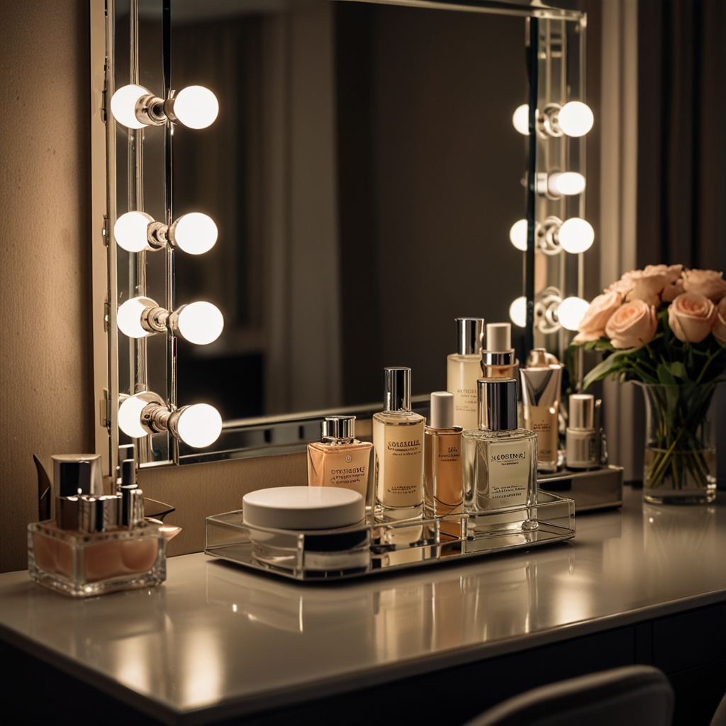 A stylish vanity with a mirror, perfume, and skincare products, providing a sophisticated and elegant touch to the room.