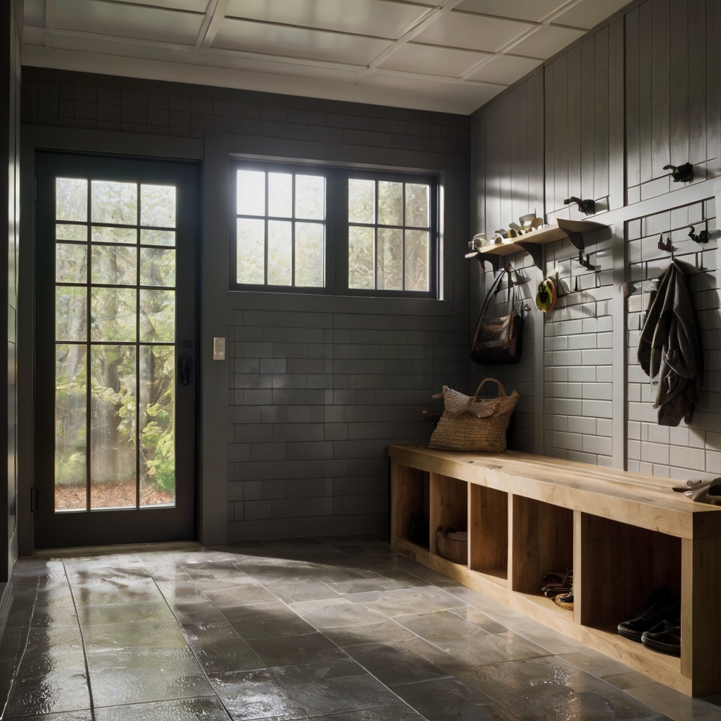 A mudroom with waterproof tile floors and water-resistant walls. Bright lighting highlights the durability and practicality of the materials.