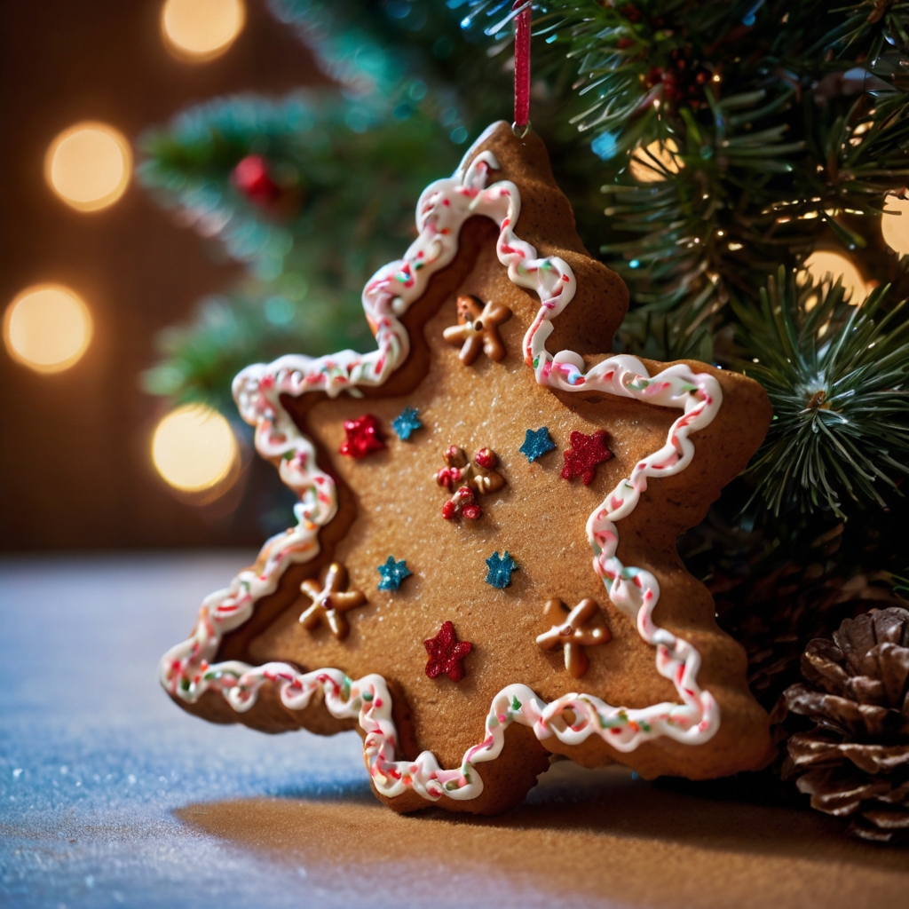 Christmas tree decorated with glittering cookie cutter ornaments in festive shapes. Soft tree lighting creates a magical, playful glow around these whimsical decorations.