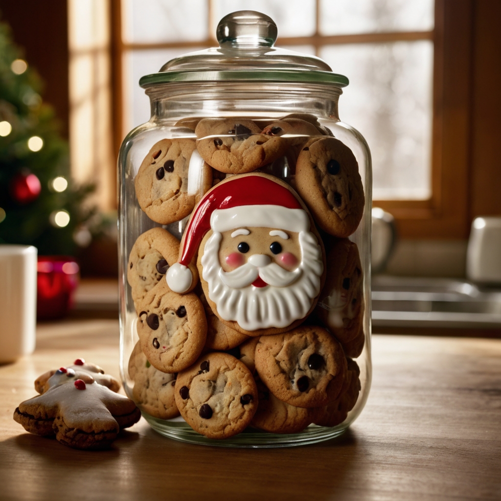 Santa-shaped cookie jar filled with freshly baked cookies, placed on a kitchen counter. Soft lighting casts playful shadows, enhancing the cheerful holiday ambiance.