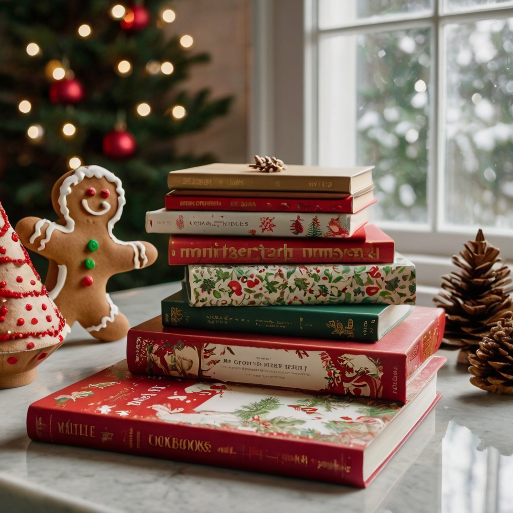 A stack of festive cookbooks with cheerful covers, surrounded by holiday decorations like gingerbread cookies. Warm kitchen lighting adds a cozy, festive vibe perfect for holiday meals.