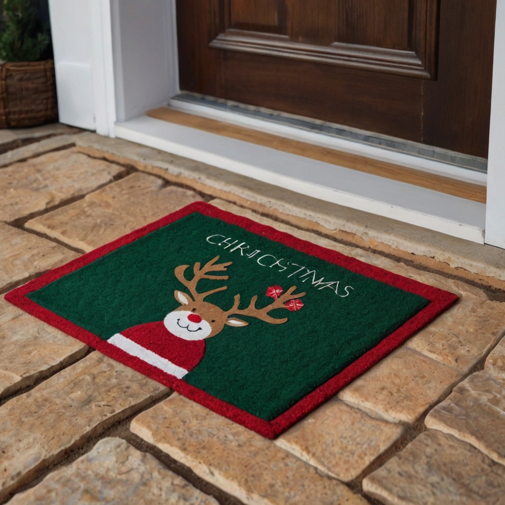 A festive doormat with a jolly Santa design welcomes guests at the front door. Bright colors and soft natural lighting create a warm and inviting holiday entryway.