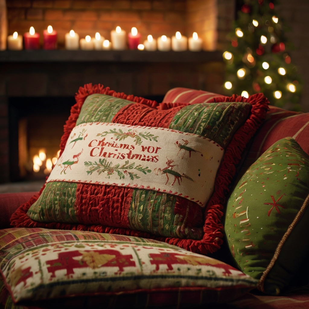 Colorful throw pillows with festive Christmas themes brighten a cozy sofa. Soft, warm lighting from a fireplace creates a cheerful, inviting holiday atmosphere.