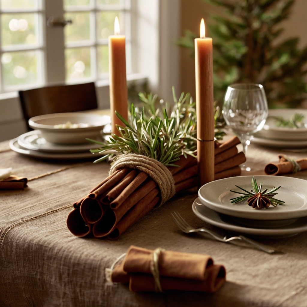 Napkins tied with cinnamon stick bundles bring warmth and fragrance to the table. The twine or ribbon adds a rustic touch, enhancing the fall ambiance.