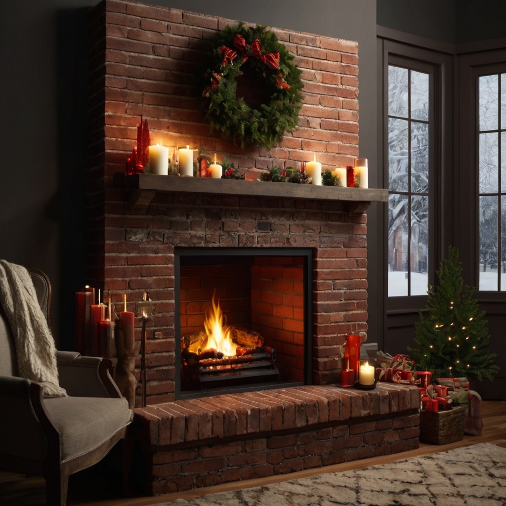 A realistic cardboard fireplace painted to resemble red and black bricks with a traditional brick pattern. Perfect for festive holiday settings.