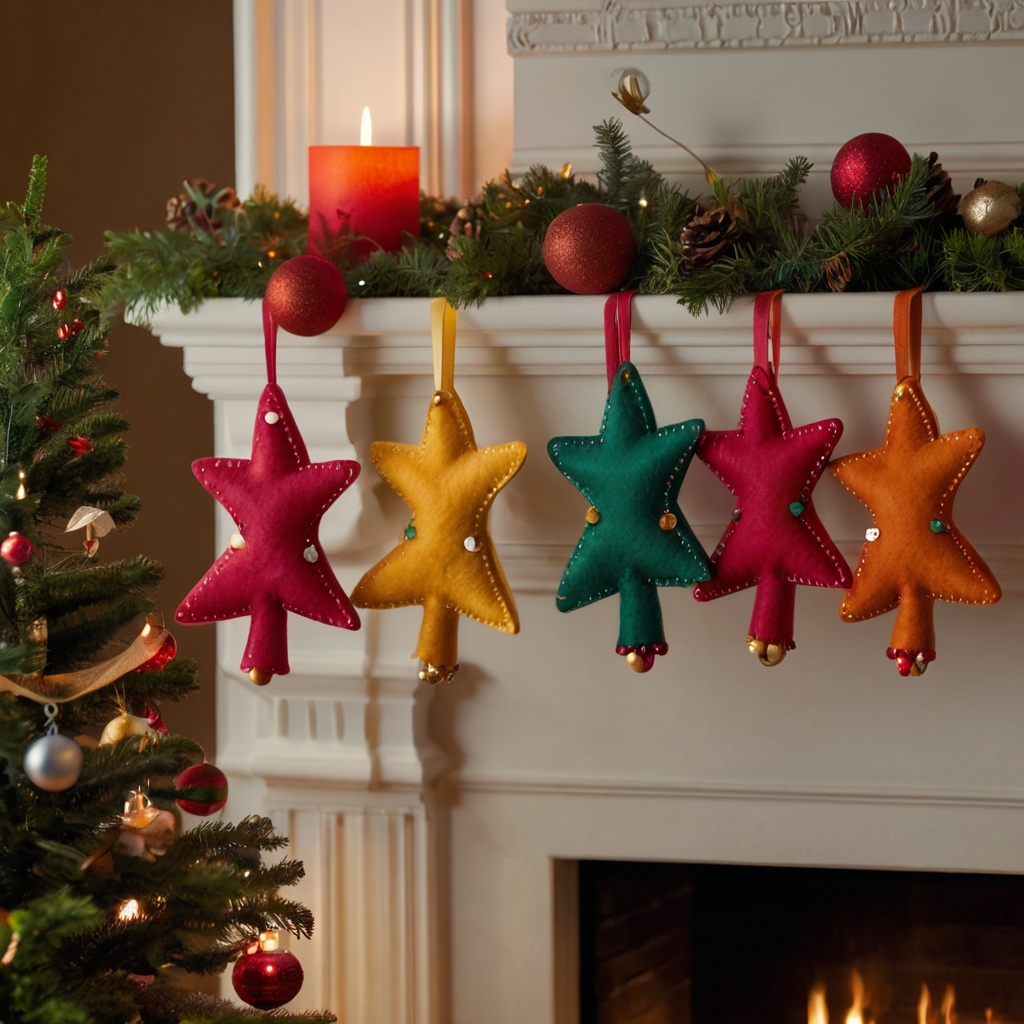 A garland of colorful felt ornaments, like stars and reindeer, adorns a mantelpiece. Soft, warm lighting brings out the homemade charm of the vibrant decorations.