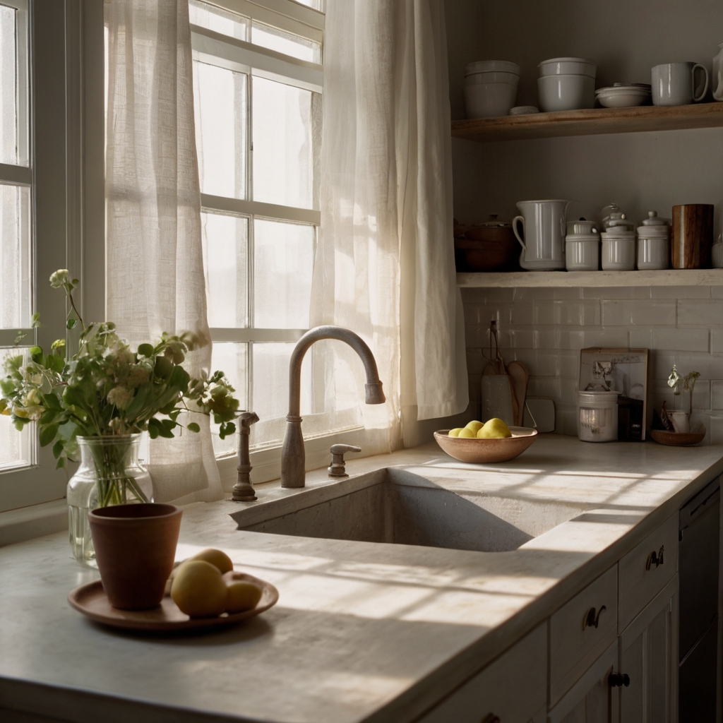 Create a serene atmosphere with classic white linen curtains above your kitchen sink. Soft fabric filters natural light, adding calm and simplicity to your space.