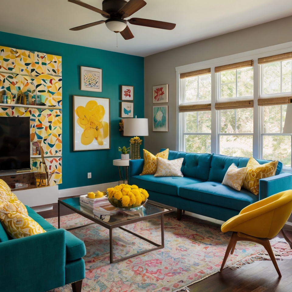 Vibrant TV room with bright teal and yellow accents, playful decor, and lively throw pillows. Daylight highlights the cheerful colors.