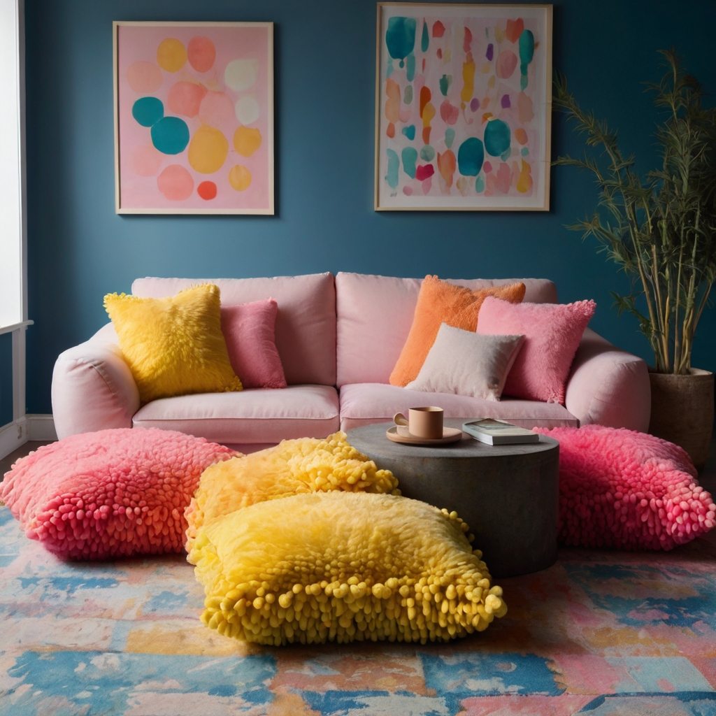 Make a statement with colorful pom-pom trimmed floor pillows. These playful accents add personality and fun to any room.