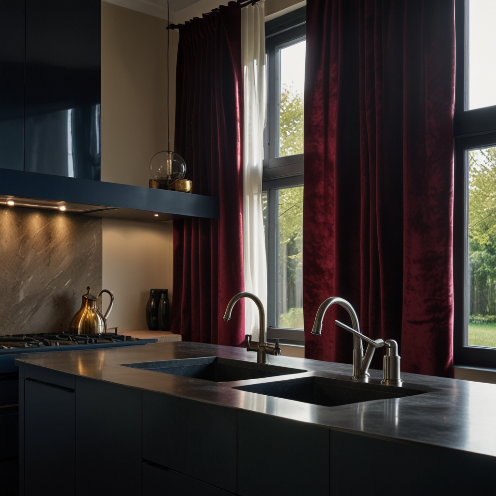 Enhance your modern kitchen with contemporary velvet curtains. The rich, plush fabric offers a luxurious feel while complementing sleek appliances.