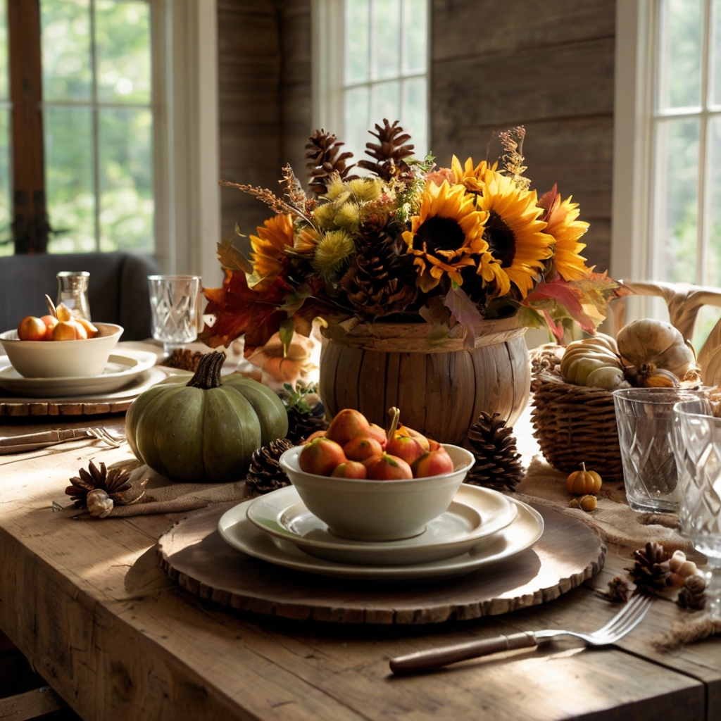 A cornucopia filled with seasonal fruits, vegetables, and flowers creates a bountiful centerpiece. Apples, pears, and gourds add a rich harvest touch to the table.