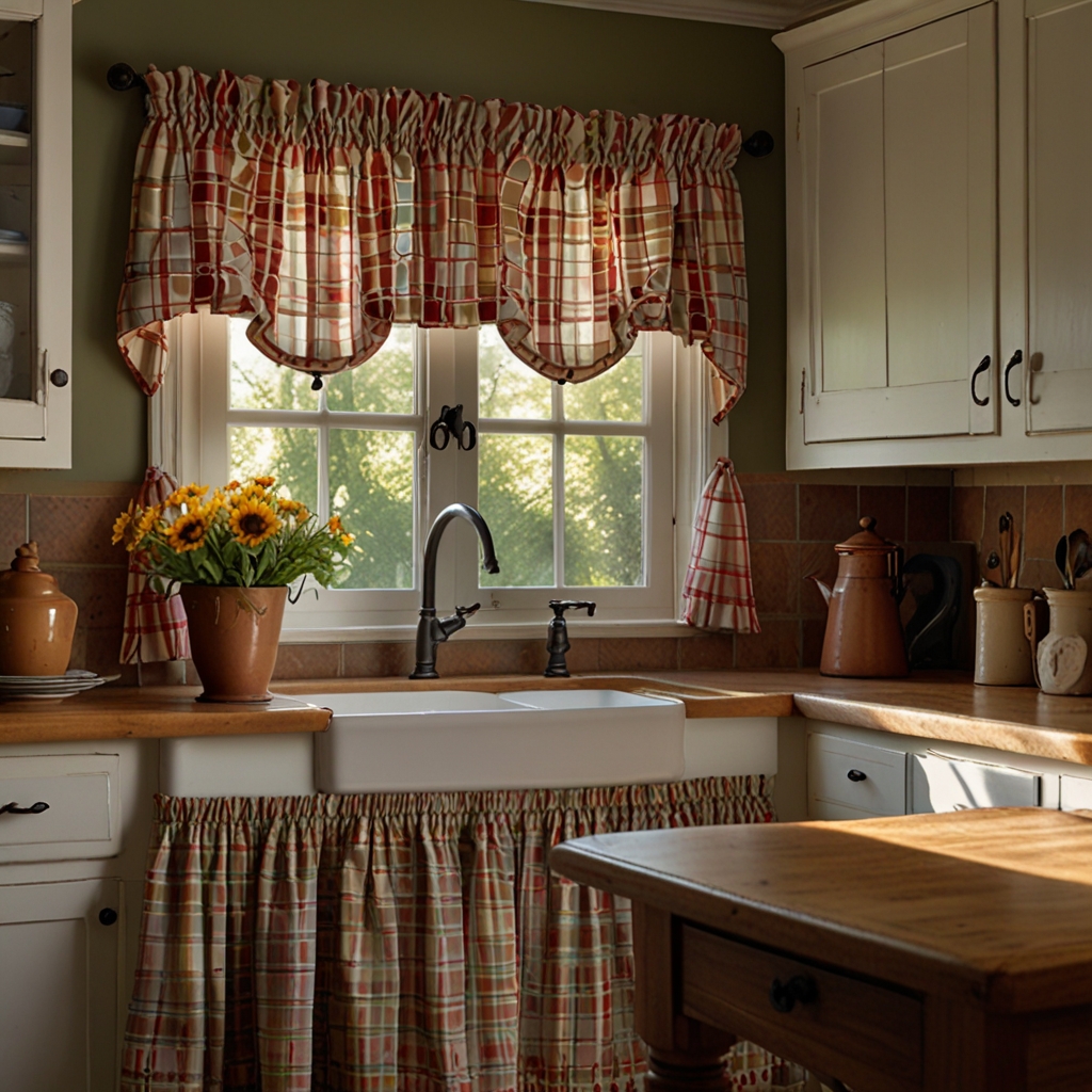 Create a cozy, country-inspired kitchen with cotton plaid curtains. Warm tones and traditional patterns evoke a homely, rustic charm.