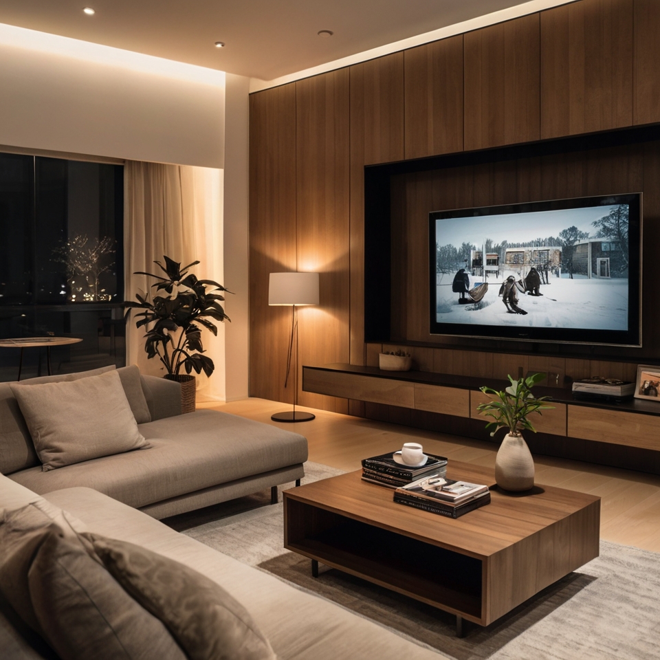 Cozy family-friendly TV room with a large sectional sofa, colorful throw pillows, and inviting decor. Soft natural light filters in through windows for a warm ambiance.