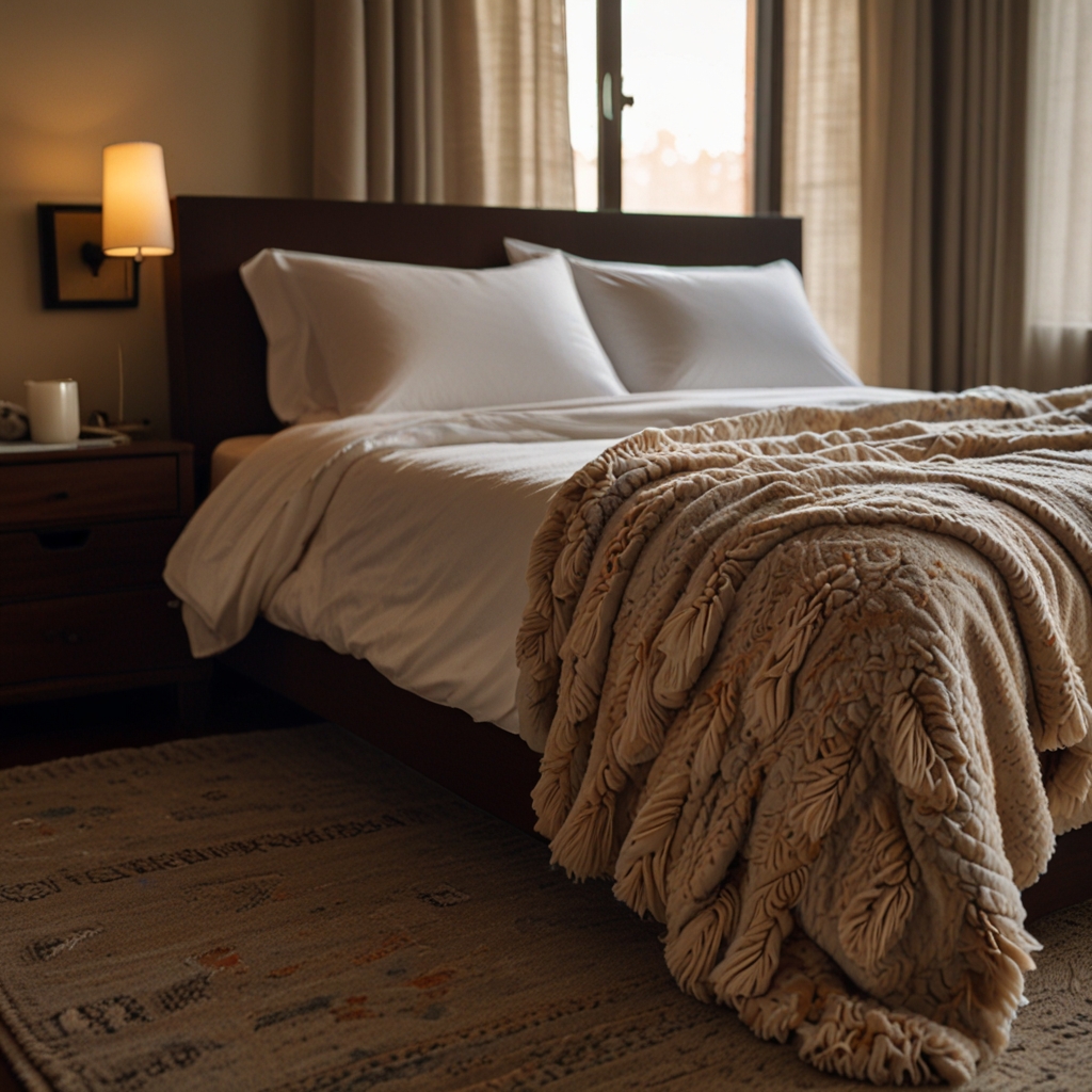 Soft, cozy throw blankets draped over the bed, inviting relaxation and comfort after a day of romance.