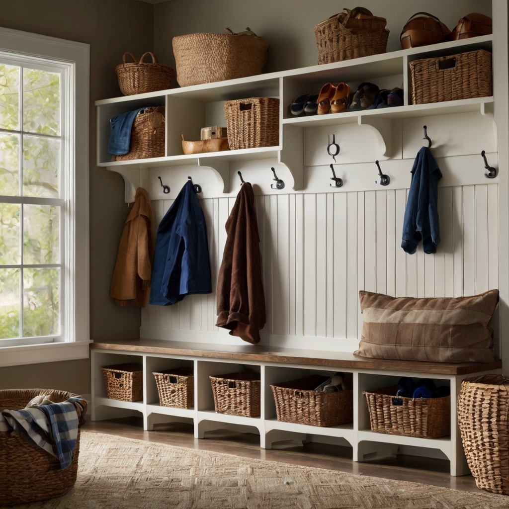 A mudroom divided into individual zones with cubbies and hooks. Soft lighting highlights each personalized space for easy organization.