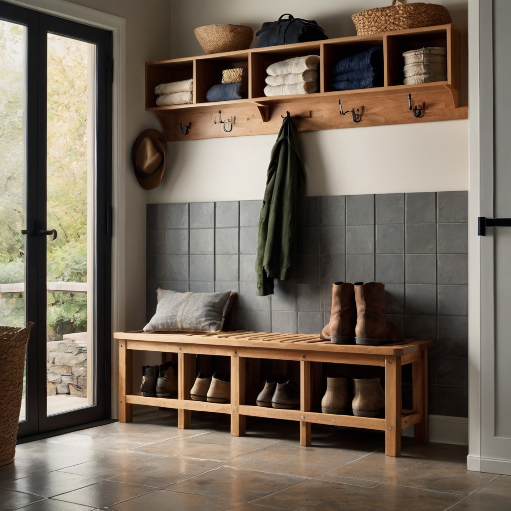 A cozy boot station with waterproof trays and a wooden rack for boots. Soft, warm lighting highlights the practical and neat storage area.