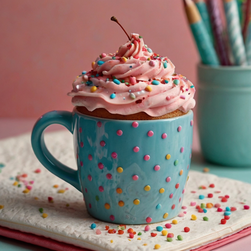 Cute ceramic mug adorned with colorful cupcakes and frosting, wrapped around the mug with a glossy finish reflecting soft light.