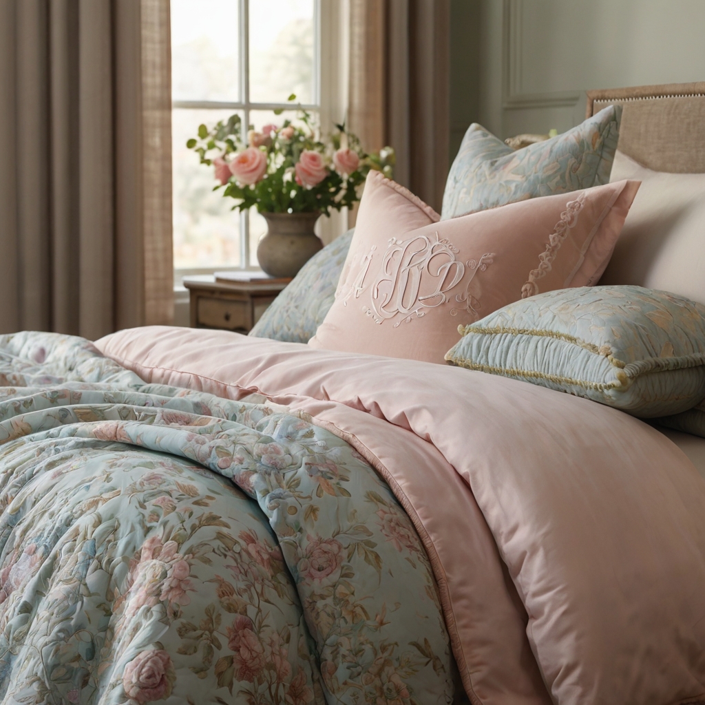 A bed adorned with custom bedding in soft pastel colors and romantic designs, creating a cozy, personalized retreat.