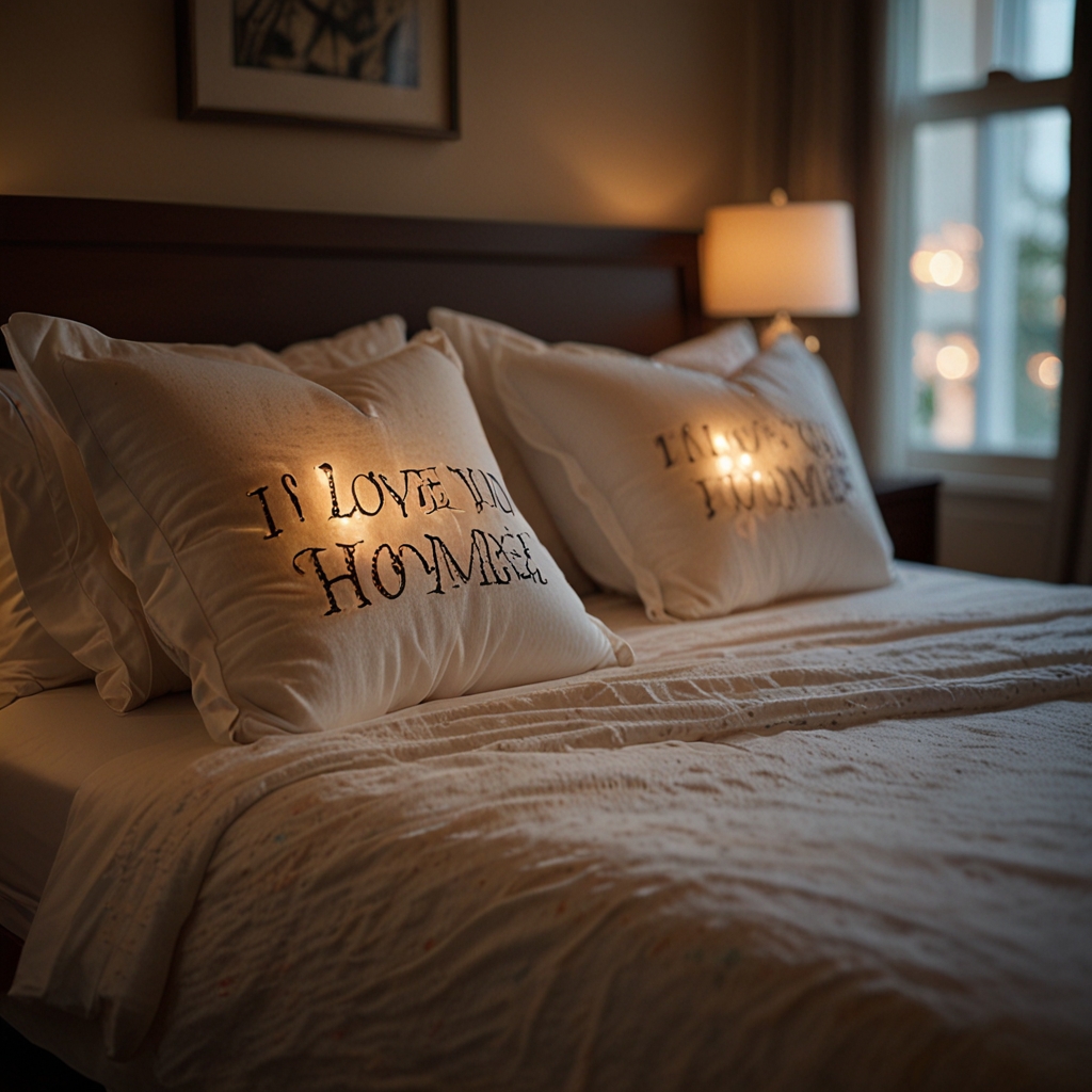 Throw pillows on the bed with sweet, custom messages like 'I love you,' adding a personal and romantic touch to the room.