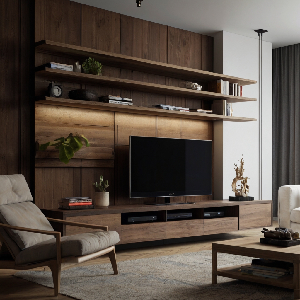 A modular TV unit with interchangeable components that can be rearranged for personalized layouts. Offers flexibility and customization for evolving spaces.