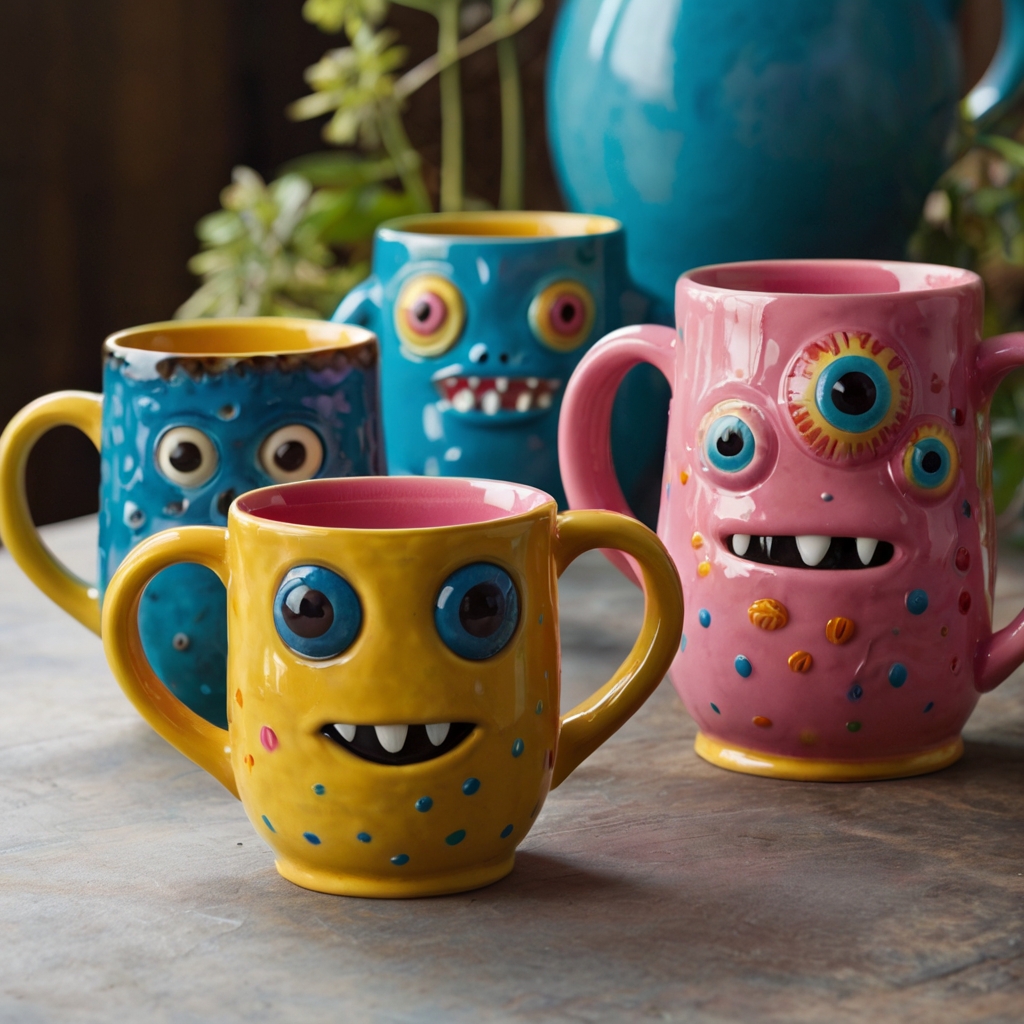 Playful ceramic mug with adorable, colorful monsters, wrapped around the glossy surface under soft natural light.