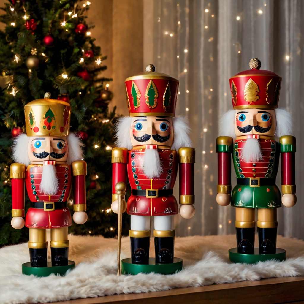 Oversized, brightly colored nutcracker figurines stand tall in a holiday-themed living room. Soft lighting accentuates their bold hues, adding charm to the décor.